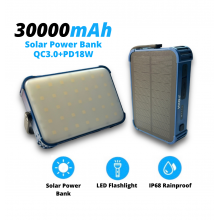 УМБ із сонячною панеллю та кемпінговим ліхтарем на 28 LED VHG DN53 30000 mAh QC3.0+PD18W Wireless Solar Charger Blue