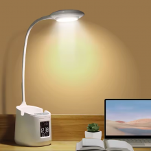 Акумуляторна настільна LED лампа VHG T21 з годинником, підставкою для телефона та органайзером, 4 в 1 White Акумуляторна настільна LED лампа VHG T21 з годинником, підставкою для телефона та органайзером, 4 в 1 White