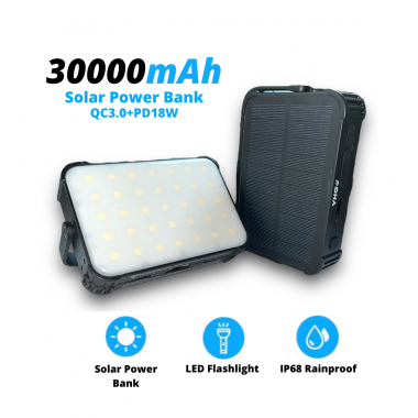 УМБ с солнечной панелью и кемпинговым фонарем на 28 LED VHG DN53 30000 mAh QC3.0+PD18W Wireless Solar Charger Black