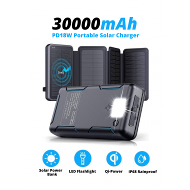 Портативний сонячний зарядний пристрій VHG DN30 Pro 30000 mAh з бездротовою зарядкою, 4 панелі, чорний